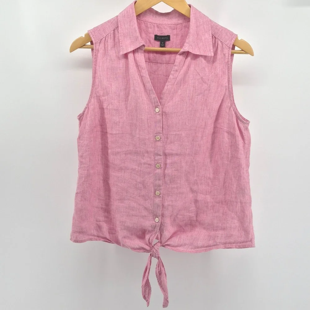 Talbots Pink 100%‎ Linen Sleeveless Button-Front Tie-Hem Top Women's Medium - Picture 2 of 9